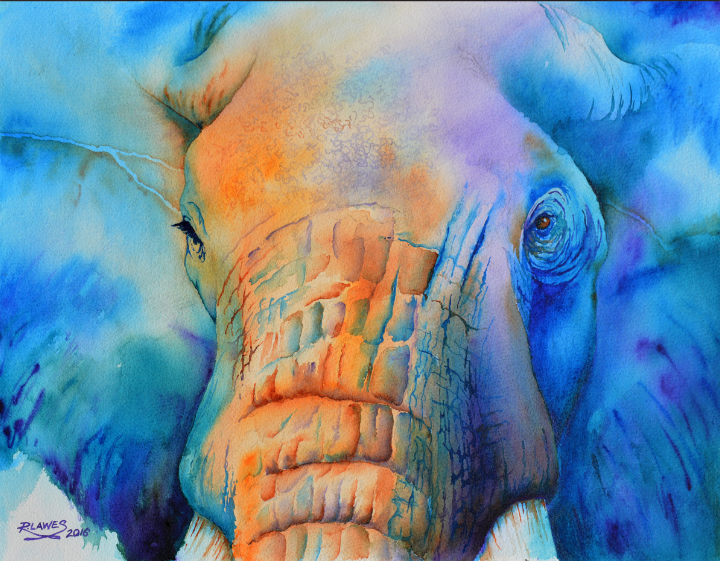 Elephant Face Watercolour Mounted on Wood.