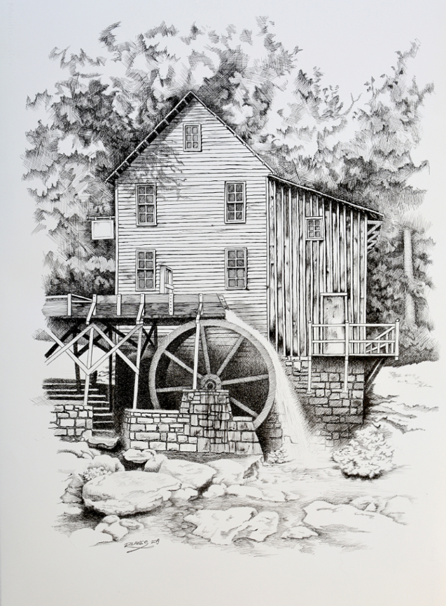 Watermill Pen and Ink