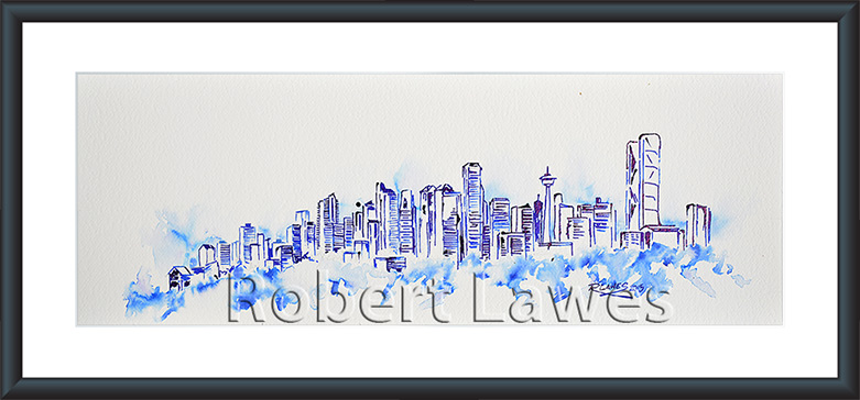 Calgary skyline in pen and Ink and Blue Inkwash