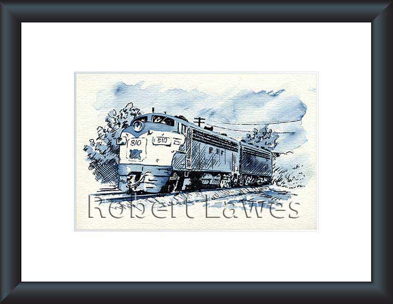 Locomotive in pen and Ink and Blue Inkwash